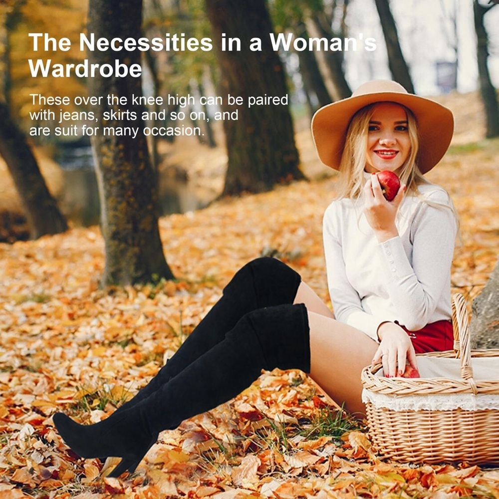 Vepose Black Suede Over-the-Knee Chunky Heels Women's Boots - Picture 7 of 13